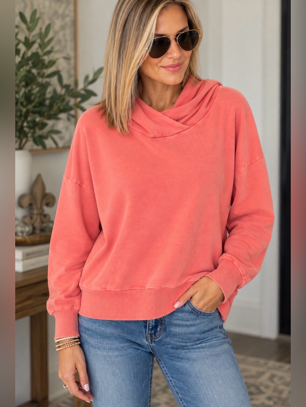 JoyLab XL Coral Cowl Neck Hoodie Sweatshirt Thumbholes Oversized